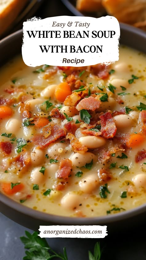 Bean Soup With Bacon, Bacon Soup Recipes, Bean And Bacon Soup, White Bean Recipes, Soup With Bacon, White Bean Soup Recipes, Winter Soup Recipe, Cozy Dinners, Soup Ingredients