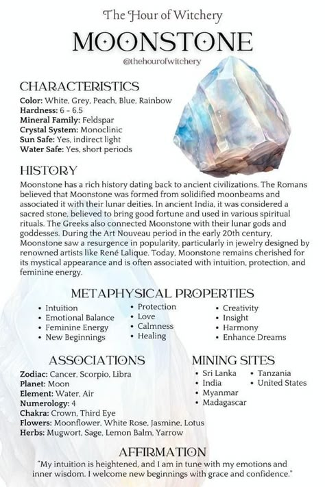 Crystal Properties Chart, Moonstone Meaning Crystal Healing, Crystals And Meanings, Moonstone Crystal Meaning, Moon Stone Crystal, Crystals Astrology, Moon Stone Meaning, Energy Stones Crystal Healing, Moonstone Healing Properties