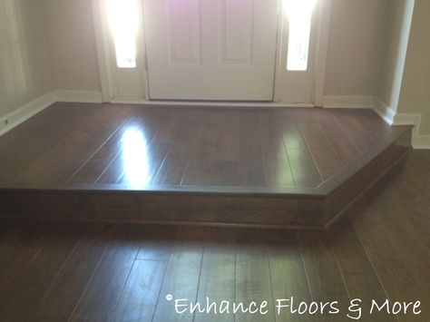 Foyer steps down to family room Step Down Entryway Foyers, Floor Step Transition Ideas, Step Down Entryway, Sunken Living Room Flooring Transition, Foyer Floors, Entry Foyer Ideas, Foyer Flooring, Foyer Ideas, Sunken Living Room