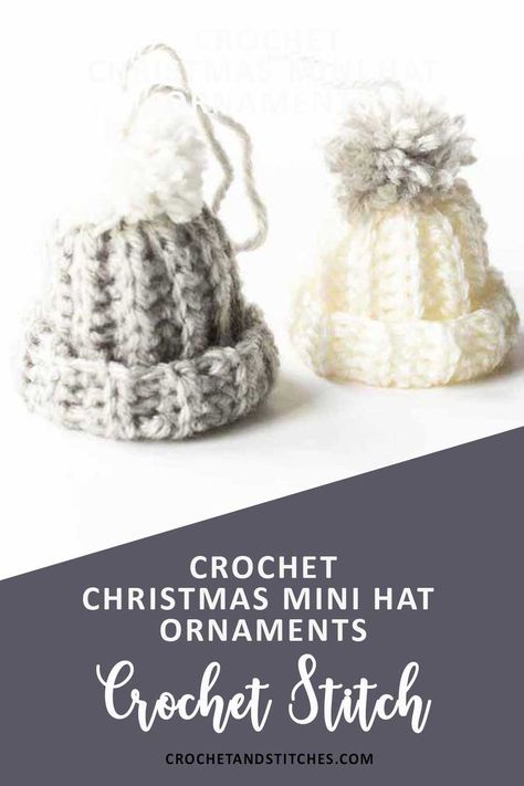 Gray mini hat ornament with white pom pom and white mini hat ornament with gray pom pom on top Crochet Amigurumi Ornaments, Cute Crochet Ornaments, Small Hat Crochet, Mini Beanie Hats, Christmas Crochet Patterns Free Easy Fun, Mini Hat Crochet Free Pattern, Crochet Hat Ornaments Free Pattern, Crochet Tiny Hats Free Pattern, Mini Crochet Ornaments