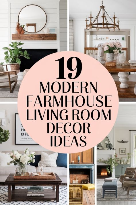 19 modern farmhouse living room decor ideas with various styled interiors and furnishings. Contemporary Farmhouse Decor Living Room, Farmhouse Living Room Decor Ideas Modern, Farmhouse And Modern Decor, Farmhouse Living Wall Decor, Modern Farmhouse Decor Inspiration, Modern Farmhouse Design Living Room, Living Room Industrial Farmhouse, Farmhouse Decorating Ideas Living Room, Farmhouse Lights Living Room