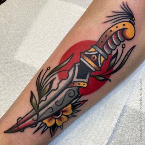 Pirate Themed Tattoos, Rose And Dagger Tattoo, Belfast Tattoo, Traditional Dagger Tattoo, Traditional Dagger, Blade Tattoo, Pirate Tattoo, Rose Tattoos For Men, Knife Tattoo