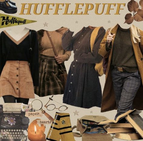 Hufflepuff Academia Outfit, Diy Hufflepuff Costume, Harry Potter Outfit Ideas Hufflepuff, Harry Potter Inspired Outfits Hufflepuff, Hogwarts Outfits Hufflepuff, Hufflepuff Outfit Ideas, House Dark Academia, Hufflepuff Aesthetic Outfits, Hufflepuff Inspired Outfits