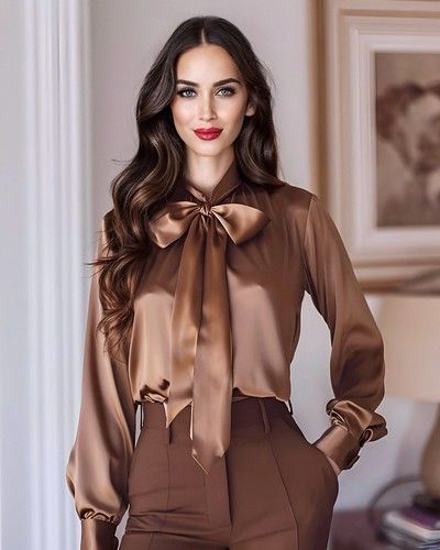 Bow For Blouse, Court Attire, Satin Shirts, Silk Blouses, Satin Blouses, Shiny Clothes, Elegant Blouses, Brown Silk, Bow Blouse