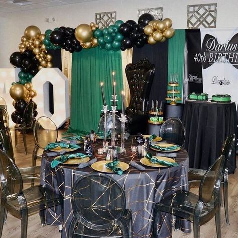 Black Green Gold Party Decor, Green Gold And Black Graduation Party, Green Black And Gold Birthday Decor, Black And Green Centerpieces, Emerald Green Gold And Black Party Decor, Emerald Green Birthday Party Ideas, Gold Tiered Cake, Gold Anniversary Decorations, Metallic Balloon Garland