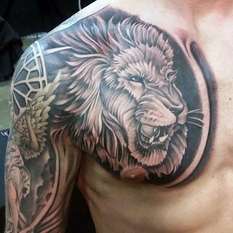 Sleeve And Chest Male Lion Tattoos Chest Sleeve Tattoo, Chest Tattoo With Meaning, Lion And Rose Tattoo, Lion Chest Tattoo, Black And Grey Tattoos For Men, Lion Man, Lion Tattoo Sleeves, Mens Lion Tattoo, Male Chest