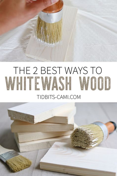 How to Whitewash Wood | 2 Techniques to Get the Look. Find out why pine is the best choice for whitewashed wood. #camitidbits #whitewash #whitewashwood #pinewood #whitewashedpine #diy #diywhitewash #painting #staining #picklingstain How To White Wash Pine Wood, Whitewashed Pine Furniture, Whitewash Dining Table Diy, Whitewash Pine Wood, Whitewash Pine Furniture, White Wash Pickling Stain Wood, White Wash Pine Wood, Pine Dressers, How To Whitewash Furniture