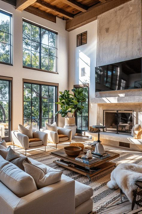 High Rise Ceiling Living Rooms, High Vaulted Ceilings Living Room Exposed Beams, Great Room Black Windows, Living Room Design Tall Ceiling, Mountain View Living Room Big Windows, 11ft Ceilings Living Rooms, High Walls Living Room, Large Fireplace Living Room, Large Vaulted Living Room