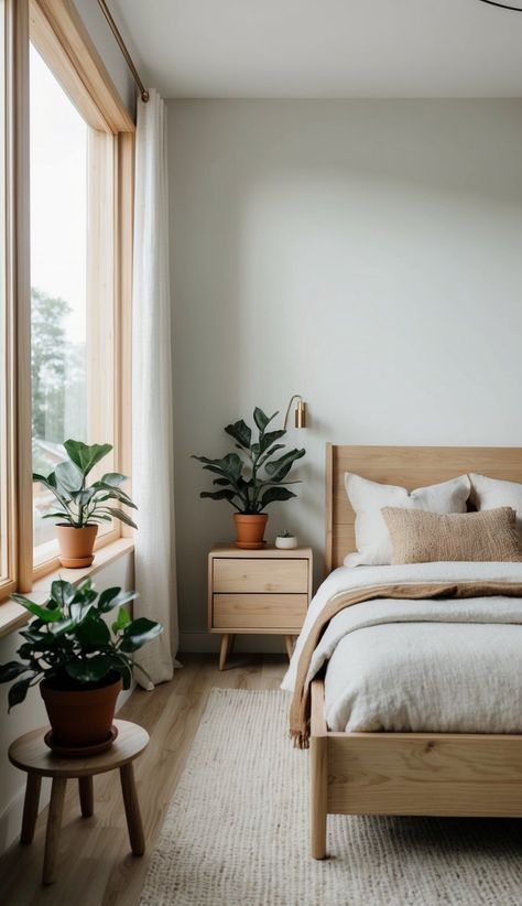 Ways to Incorporate Scandinavian Natural Elements and Minimalism Decor into Your Bedroom for a Cozy, Calm Space - Dormouse Life Nature Scandinavian Interior, Scandinavian Eclectic Bedroom, Cozy Scandinavian Bedroom Ideas, Clean Airy Bedroom, Transitional Style Bedroom Inspiration, Zen Bedroom Colors, Non White Bedding, Scandavian Bedroom, Neutral Organic Bedroom