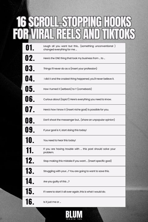 Social media marketing is only successful when there is a strong hook that catches the attention of your audience. If you are not capturing attention, you are simply playing a losing game. If you scroll through Instagram reels, TikTok's for you page and the Instagram Explore page, you'll notice a trend in the best performing content... They all have an attention grabbing hook that reels you in. Here are some hooks to try on your next post. attention-grabbing hooks, caption hooks. reels hooks, TikTok hooks, scroll-stopping hooks, viral reels ideas, viral TikTok ideas Attention Grabbers Social Media, Reels Hook Ideas, Attention Grabbing Hooks, Hook Ideas For Tiktok, Instagram Hooks Ideas, Hooks For Ig Reels, Instagram Reel Caption Ideas, Scroll Stopping Hooks, Content Hooks Instagram