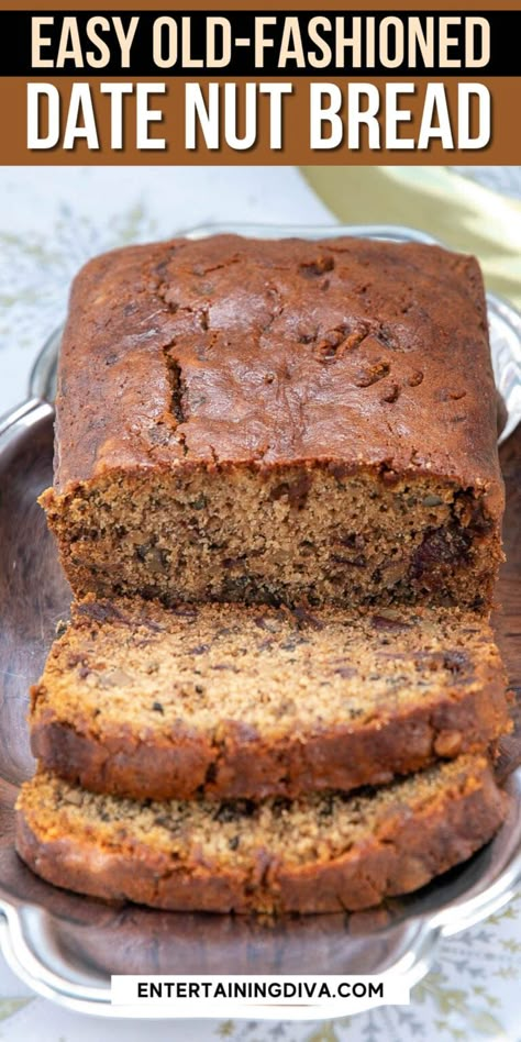 Date But Bread, Date Nut Bread Recipe Moist, Date Bread Recipes, Date Nut Loaf Recipe, Date Nut Loaf, Date Nut Cake, Date Nut Bread Recipe, Date Recipes Desserts, Dates Recipes