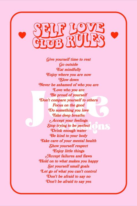 This trendy pink and red Self Love Club Rules wall print will be perfect as a daily reminder of positive affirmations. A reminder for your body, your mind, your soul. Don't forget to take care of yourself! A downloadable poster to print yourself and display in your living room, kitchen, bedroom or office!

#selfloveclub #selflove #motivationnal #digitaldownload #pinkaesthetic #preppyroomdecor #aestheticroomdecor #dormdecor #positivity #retroquote #printableart #Y2Ktrend #trendyposter #cuteprint Self Love Room Decor, Bedroom Rules Poster, Red White Pink Room Aesthetic, Room Rules Bedrooms, Self Love Club Wallpaper, Bedroom Rules, Pink Self Love, Mid Modern Century, Temple Aesthetic