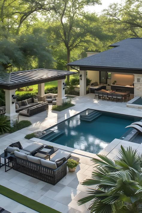 Swimming Pool House Ideas, Back Porch Ideas With Pool, Pavers Pool Area, Design Pool Modern, Home Pools Ideas, Beautiful Backyard With Pool, Garden Pools Backyard, Outdoor Pool Area Design, Backyard Landscaping And Pool