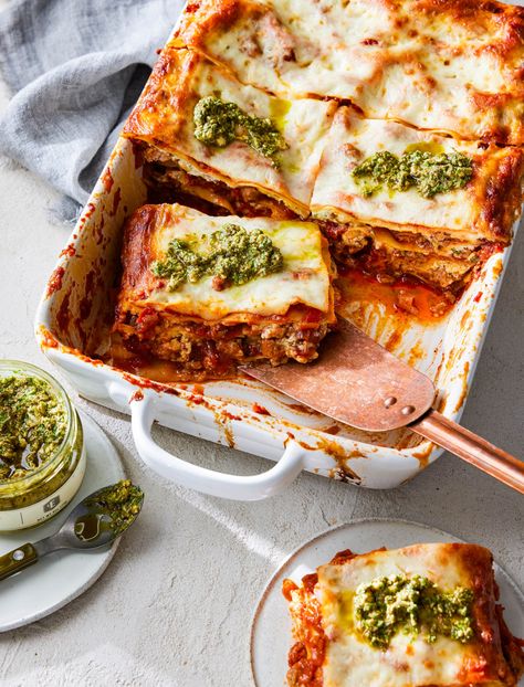 Basil Pesto Lasagna Pesto Lasagna, Lasagna Pan, Ground Sirloin, Organic Extra Virgin Olive Oil, No Noodle Lasagna, Basil Pesto, Plum Tomatoes, Meat And Cheese, Ricotta Cheese