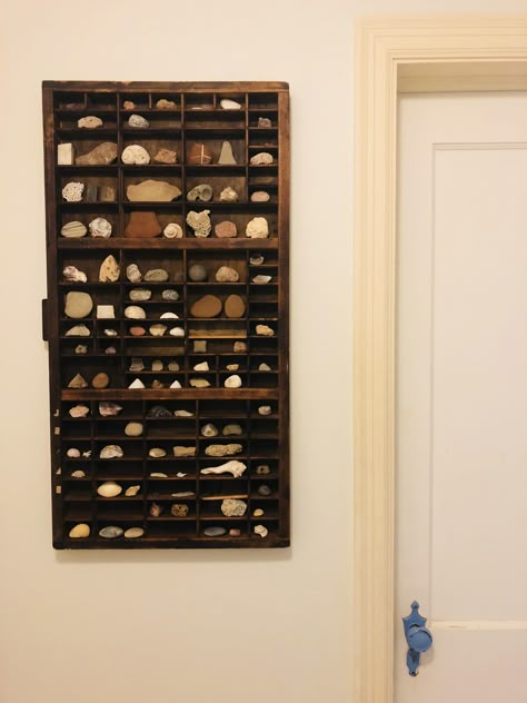 Rock Display Shelves, Display Stones Rock Collection, Collectable Shelf Display, Archeology Home Decor, Wall Collection Display, Display For Small Items, Rock Wall Display, Rock Shelf Display, Small Collection Display Ideas