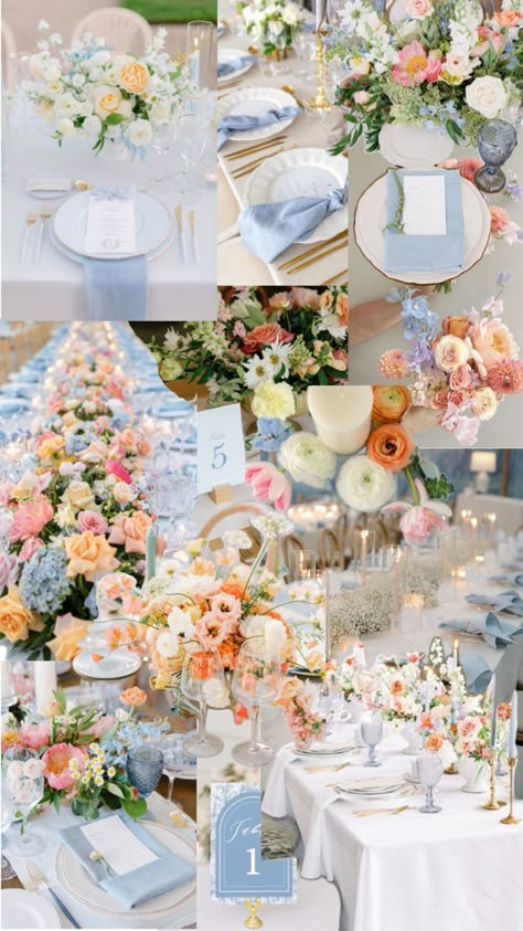 Wedding Color Inspo Spring, White And Pastel Wedding Decor, Colorful Floral Wedding Aisle, Aesthetic Blue Wedding, Pastel Flowers Aesthetic, Pastel Rustic Wedding, Beachy Floral Wedding, Floral Garden Wedding Theme, Pastel Color Scheme Wedding