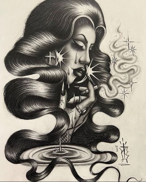 Black and white, Chicano art, sad girl, lowriders Chicano Drawing, Drawing Ideas Aesthetic, Chicana Art, Art Tattoo Ideas, Chicanas Tattoo, Traditional Tattoo Designs, Chicano Love, Estilo Cholo, Chicana Style