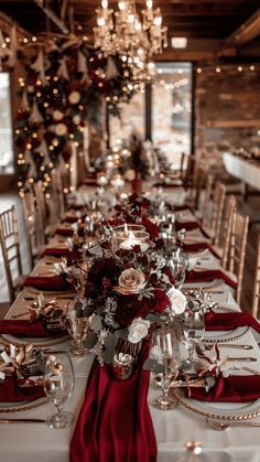 Burgundy Winter Wedding Theme, Romantic Red Wedding Decor, Red And White Wedding Table Decorations, Black Silver And Red Wedding, Red Venue Decor, Dark Red Wedding Colors, Goth Christmas Wedding, Dark Red Theme Wedding, Dark Blue And Red Wedding