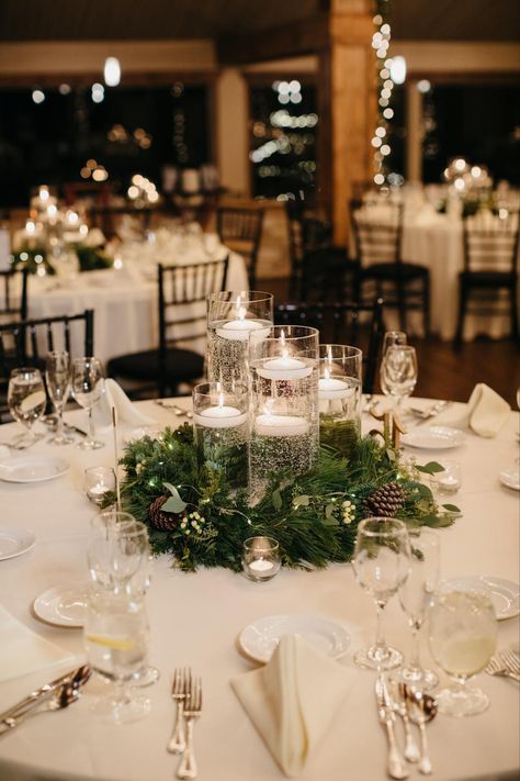 Christmas Wedding Tree Ideas, Snow Theme Wedding, Ornament Centerpieces Wedding, Winter Greenery Centerpiece Round Table, Christmas Bride And Groom Table, December Wedding Dessert Table, Winter Wedding Small Simple, Winter Wedding Center Piece, Winter Wedding Lighting