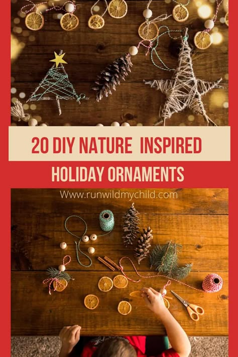 Christmas Ornaments From Nature, Simple Diy Ornaments Christmas, Easy Natural Christmas Decorations, Christmas Handicrafts For Kids, Thanksgiving Nature Crafts, Diy Winter Decorations For Kids, Christmas Tree Toys Diy, Nature Xmas Decorations, Easy Kid Ornament Crafts