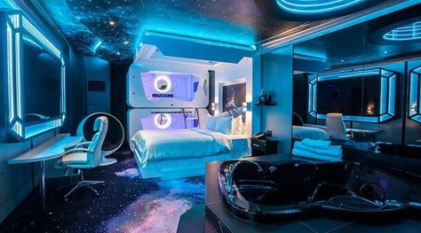 Fantasyland Hotel, Themed Hotel Rooms, Galaxy Bedroom, Futuristic Bedroom, Space Hotel, Space Themed Bedroom, Space Themed Room, Spaceship Interior, Space Tourism