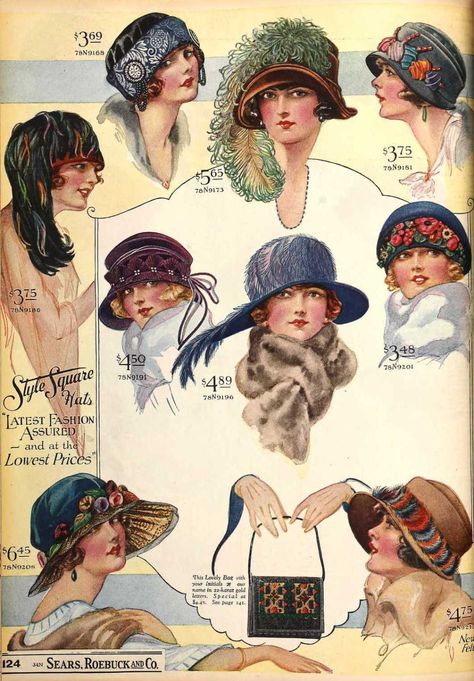 1923 Fashion, 1920s Hats, 1920 Fashion, Finger Waves, History Fashion, Hats And Scarves, 20s Fashion, Illustration Vintage, Vintage Hats