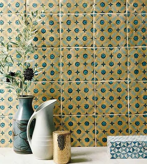 Yellow Kitchen Tiles, Indigo Walls, Neisha Crosland, Glazed Walls, Patterned Floor Tiles, Fired Earth, Floral Tiles, Gold Kitchen, Kitchen Wall Tiles