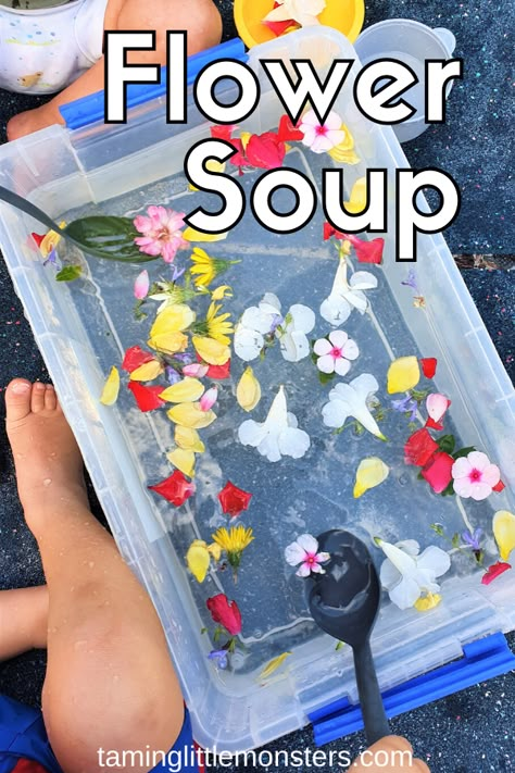 April Sensory Activities, Garden Themed Sensory Bin, In The Garden Activities For Toddlers, Outside Sensory Bins, Garden Sensory Bin For Toddlers, Toddler Spring Sensory Bin, Plant Sensory Activities, Spring Activity Ideas, Easy Toddler Outdoor Activities