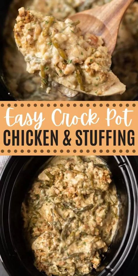 This classic Chicken and Stuffing is an easy Crock Pot recipe that is a family favorite! This easy crock pot recipe tastes like a traditional casserole without all the work! #comfortfood #slowcookerdinner #crockpotrecipes #chickenrecipes #chickenandstuffing Bland Chicken Recipes Crock Pot, Cheesy Chicken And Stuffing Crockpot, Chicken Stove Top Crock Pot, Turkey Tenderloin And Stuffing Crockpot, Chicken And Stove Top Stuffing Casserole Crock Pot, Chicken N Stuffing Crockpot, Crock Pot Chicken With Stove Top Stuffing, Chicken Gravy Stuffing Crockpot, Stovetop Crockpot Chicken