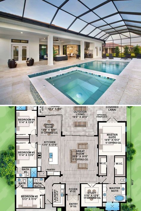 This 2 story Florida house plan has 4 bedrooms and 4.5 bathrooms, and comes with beautiful southern coastal interior decoration and design ideas. View the full floor plan, and blueprint layout of the 2947 sq. ft. luxury Florida mansion dream home with pool and covered lanai at:  https://www.architecturaldesigns.com/house-plans/striking-florida-house-plan-86018bw?cjevent=4bcb7a469b2911ea81ac06580a180510 #blueprint #floorplan #2story #FloridaHomes Florida One Story House Plans, One Floor Mansion House Plans, House Plans With Pool And Guest House, House Plan With Pool Bathroom, Modern Florida House Plans, 4 To 5 Bedroom House Plans, House Plans With Pool In The Middle, Mansion House Plans Luxury, Florida House Plans With Pool