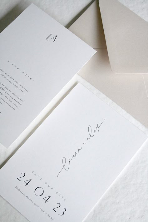 A luxury wedding staitoner based in the Yarra Valley. Specialising in bespoke design unique to each couple and their love story, our Save the Dates, Invitations, Day-Of Stationery and Signage create a stunning, cohesive atmosphere for your big day. Personalised with modern hand-lettering and custom illustration, and printed using luxe methods like Letterpress, Embossing & Foil Press for a romantic, textural experience from the moment you open the envelope. Enquire now at www.evergreenink.com.au Save The Date Design Graphics, Save The Date And Wedding Invitations, Wedding Invitations Modern Elegant, Modern Save The Date Ideas, Wedding Save The Dates Ideas, Wedding Invite Unique, Minimalist Wedding Stationery, Invitation Wedding Design, Wedding Invitation Aesthetic