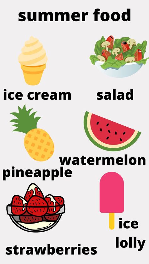 The English vocabulary words for some delcious summer foods, with pictures Includes the words: salad, ice cream, pineapple, watermelon, ice lolly, strawberries. An easy reference guide for children learning English as a second or foreign language. A fun way to practice reading and vocabulary. Summer Flashcards Free Printable, Summer Flashcards, Winter Season Pictures For Kids, Summer Season Worksheet Kindergarten, Summer Vocabulary For Kids, Food Chart For Kids, Fruit Vocabulary English, Preschool Weather Chart, Diwali For Kids