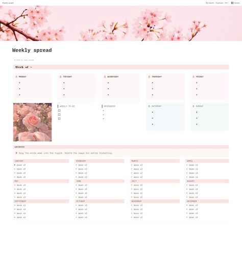 Pink Weekly Spread Notion Template Notion Aesthetic Simple, Free Pink Notion Template, Notion Monthly Template, Notion Weekly Planner Template Free, Notion Fitness Tracker, Pretty Notion, Pink Notion Template, Task Template, Minimalist Notion