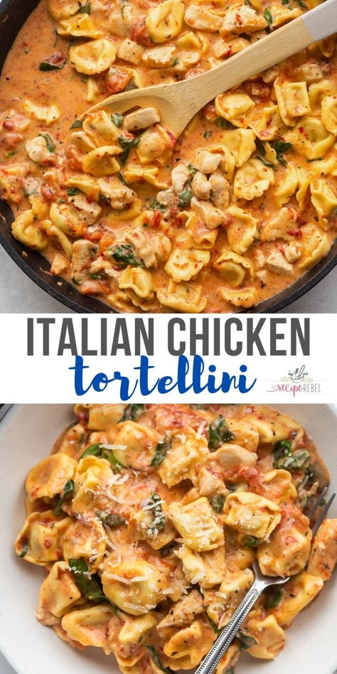 This Italian Chicken Tortellini is an easy meal made in just one pot! It's loaded with cheese tortellini, roasted red peppers, spinach, tomatoes, herbs, and cheese! #tortellini #recipes #dinner | dinner ideas | easy dinner recipes | easy recipes | pasta recipes | chicken recipes | chicken breast Tortellini Healthy, Italian Chicken Tortellini, Tortellini Recipes Crockpot, Chicken Tortellini, Tortellini Recipes, Italian Dinner Recipes, Pasta Dinners, Cheese Tortellini, Pasta Dinner Recipes