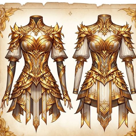 Gold Fantasy Outfit, Golden Armor Female, Angel Outfit Drawing, Sun Armor, Dnd Outfits, Fantasy Angels, Golden Armor, Armor Dress, Warrior Outfit