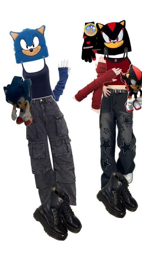 Shadow The Hedgehog Halloween Costume, Sonic Outfits Ideas, Sonic And Shadow Matching Outfits, Y2k Sonic Outfit, Shadow The Hedgehog Outfit Aesthetic, Shadow Outfit Sonic, Shadow Inspired Outfit Sonic, Halloween Costume Ideas Duo Friends, Sonic And Shadow Costume