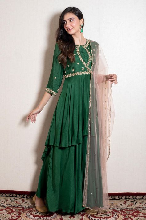 Angrakha Anarkali, Layered Kurta, Anarkali With Dupatta, Anarkali Dress Pattern, Zari Embroidery, Cute Dresses For Party, Simple Kurti Designs, Studio Green, Trendy Blouse Designs