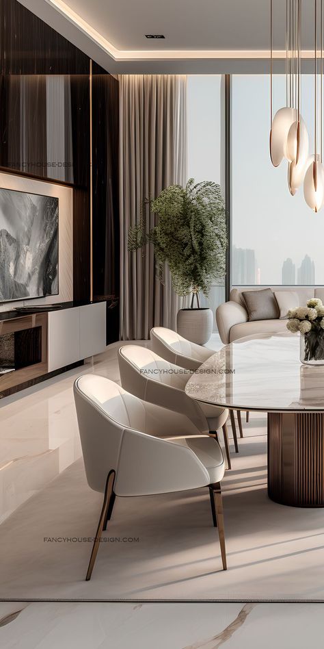 A marble tabletop shines amidst the beige calm of this tastefully designed dining room. Luxurious simplicity is key in this dining room, featuring a marble table and beige comfort. Creative Dining Table, Beige Dining Room, Luxury Dining Room Decor, Beige Dining Chair, Dining Room Design Luxury, Dining Table Design Modern, Luxury Dining Tables, Luxury Dining Table, Dining Room Design Ideas