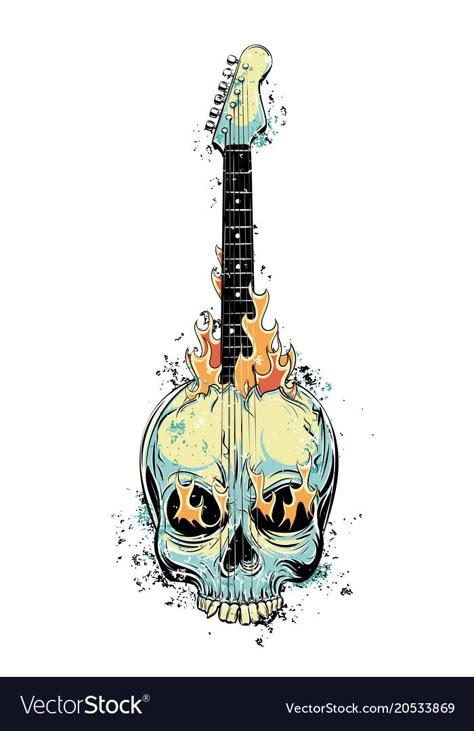 Guitar And Skull Tattoo, Rock Music Art Ideas, Skull Guitar Drawing, Rock Music Art Drawing, Rock Guitar Drawing, Electric Guitar Drawing Sketches, Rock And Roll Drawings, Guitar Illustration Drawing, Guitar Drawing Art