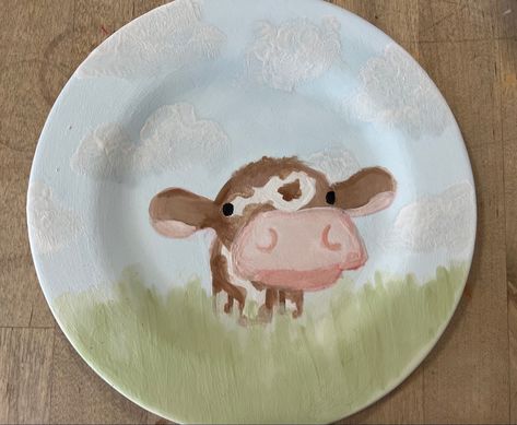 Aesthetic Ceramic Painting Ideas, Cow Print Pottery Painting, Aesthetic Ceramic Plate, Art With Paint Samples, Cute Cow Things, Crock A Doodle Pottery Ideas Inspiration, Cow Clay Art, Pottery Painting Couple Ideas, Dinosaur Pottery Painting Ideas