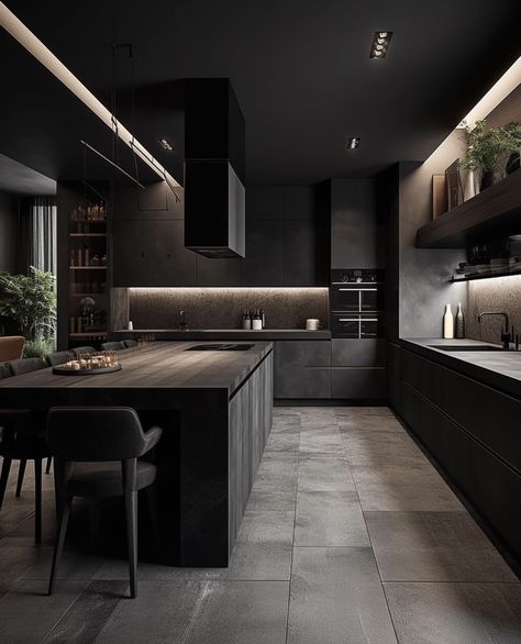 Dark Modern Kitchen, Dark Modern House, Black Kitchen Design, Interior Design Secrets, Modern Black Kitchen, Matte Black Kitchen, Barn Shop, Modern House Interior, Dark Modern