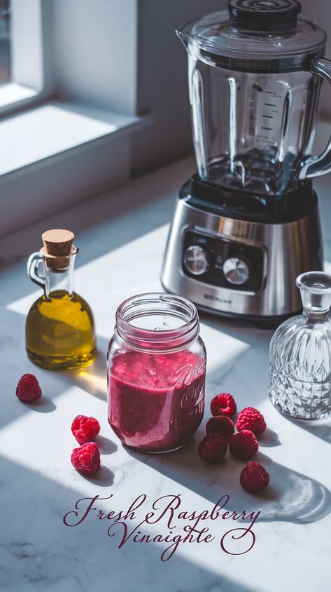 Minimalist kitchen counter with raspberry vinaigrette in mason jar, fresh raspberries, olive oil, vinegar cruet, blender and "Fresh Raspberry Vinaigrette" text overlay on marble surface. Raspberry Vinaigrette Recipe, Raspberry Vinaigrette, Vinaigrette Recipe, Fresh Raspberries, Healthy Homemade, Dijon Mustard, Dijon, Olive Oil, Side Dishes