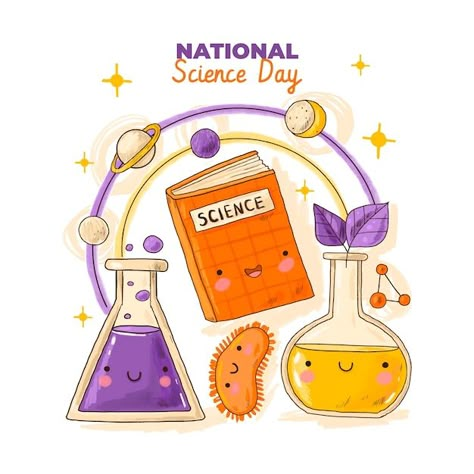 Hand drawn national science day illustra... | Premium Vector #Freepik #vector #science-day #celebration-illustration #science-education #science-research Science Experiment Illustration, Science Projects Drawings, National Science Day Poster Drawing, Science Day Project Ideas, Science Paintings Ideas, Poster Science Design Ideas, World Science Day Poster, Science Related Drawings, Science Day Poster Design