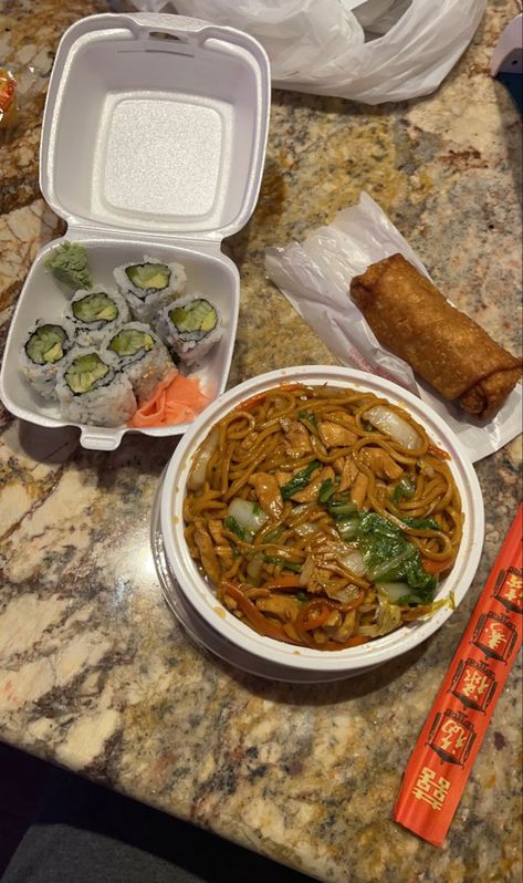 Chinese takeout of sushi, lo mein and an egg roll on a kitchen counter Take Out Aesthetic Food, Asian Takeout Aesthetic, Lo Mein Aesthetic, Egg Rolls Aesthetic, Chinese Food Aethstetic Take Out, Egg Roll Aesthetic, Sushi Takeout Aesthetic, Chinese Noodles Aesthetic, Chinese Dinner Aesthetic