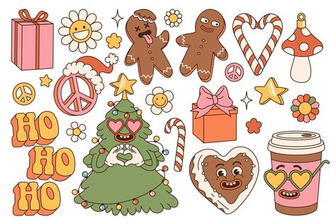 Christmas Cricut Designs, Christmas Illustration Drawing, Christmas Gift Illustration, Xmas Stickers, New Year Stickers, Hippie Christmas, Christmas Tree Gifts, Christmas Graphic Design, Groovy Christmas