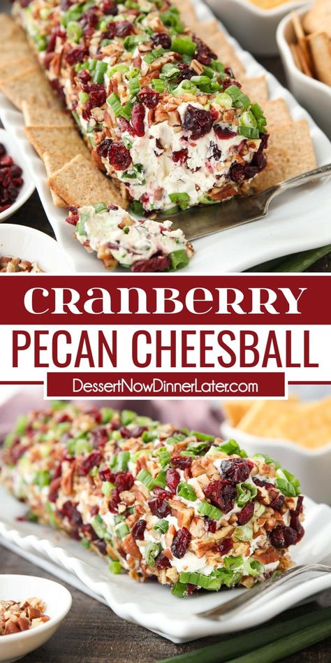 This easy Cranberry Pecan Cheeseball is made with only 5 ingredients: cream cheese, dried cranberries, green onions, white cheddar cheese, and pecans. It's a festive and delicious appetizer for Thanksgiving, Christmas, or New Year's Eve! Pecan Cheeseball, Cheese Log Recipes, Dried Cranberries Recipes, Cranberry Appetizer, Cheeseball Recipe, Cheese Ball Recipes Easy, Cream Cheese Appetizer, Cream Cheese Ball, Christmas Appetizers Easy