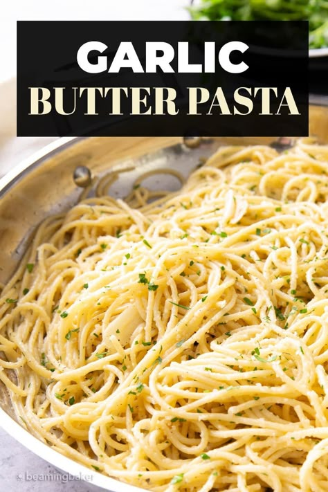 Buttery garlic comfort: This Garlic Butter Pasta boasts just the right amount of savory garlic butter sauce that coats your favorite pasta topped with grated parmesan and fresh parsley! Perfect for an Italian-inspired lunch or dinner! | Recipe at BeamingBaker.com Easy Garlic Butter Pasta, Butter Parmesan Pasta, Garlic Buttered Noodles Recipe, Salad Pasta Recipes, Buttered Noodles Recipe, Asparagus And Peas, Garlic Butter Noodles, Butter Sauce For Pasta, Pasta With Asparagus