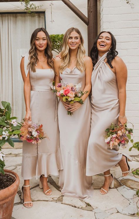 Tuscany Maxi Slip Dress ~ Show Me The Ring Luxe Satin | Show Me Your Mumu Beige Bridesmaid Dress, Beige Bridesmaids, Silk Bridesmaid Dresses, How Many Bridesmaids, Mumu Wedding, Neutral Bridesmaid Dresses, Champagne Bridesmaid Dresses, Champagne Bridesmaid, Bridesmaid Colors