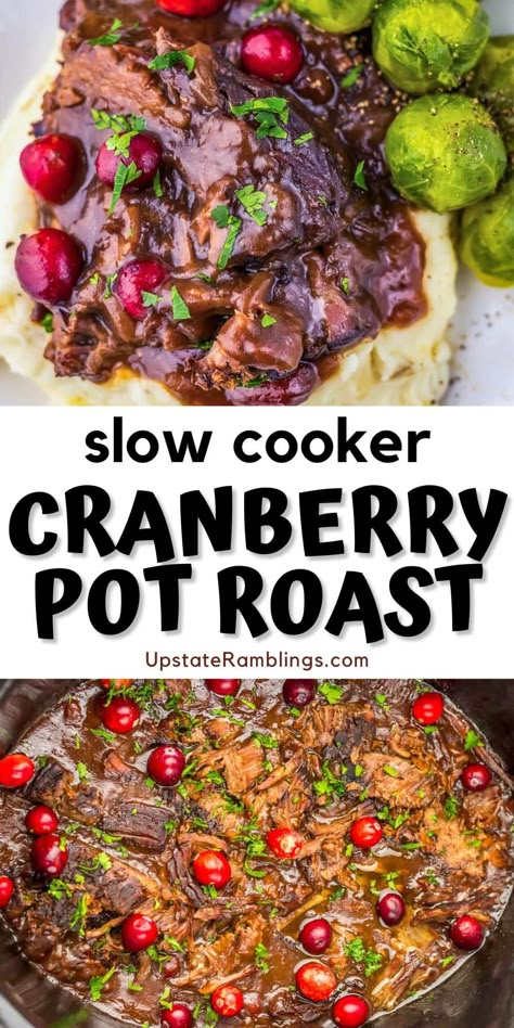 Crockpot Christmas Roast Beef, Christmas Roast Slow Cooker, Roast With Cranberry Sauce, Pot Roast With Cranberry Sauce, Beef Roast Ideas Crockpot, Cranberry Pot Roast Crockpot, Christmas Roast Dinner Crock Pot, Holiday Pot Roast Crock Pot, Christmas Crockpot Roast