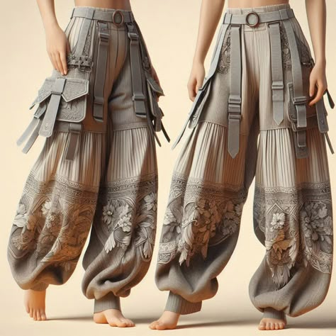 Pants With Many Pockets, How To Make Harem Pants, Futuristic Steampunk Fashion, Creative Pants Design, Solarpunk Clothing, Ecopunk Fashion, Solar Punk Aesthetic Fashion, Solarpunk Outfit, Baggy Pants Pattern